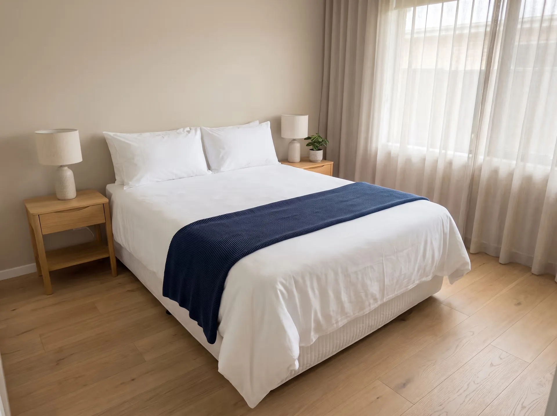 A prepared guest bedroom with crisp white linen, a folded navy throw and matching bedside lamps.