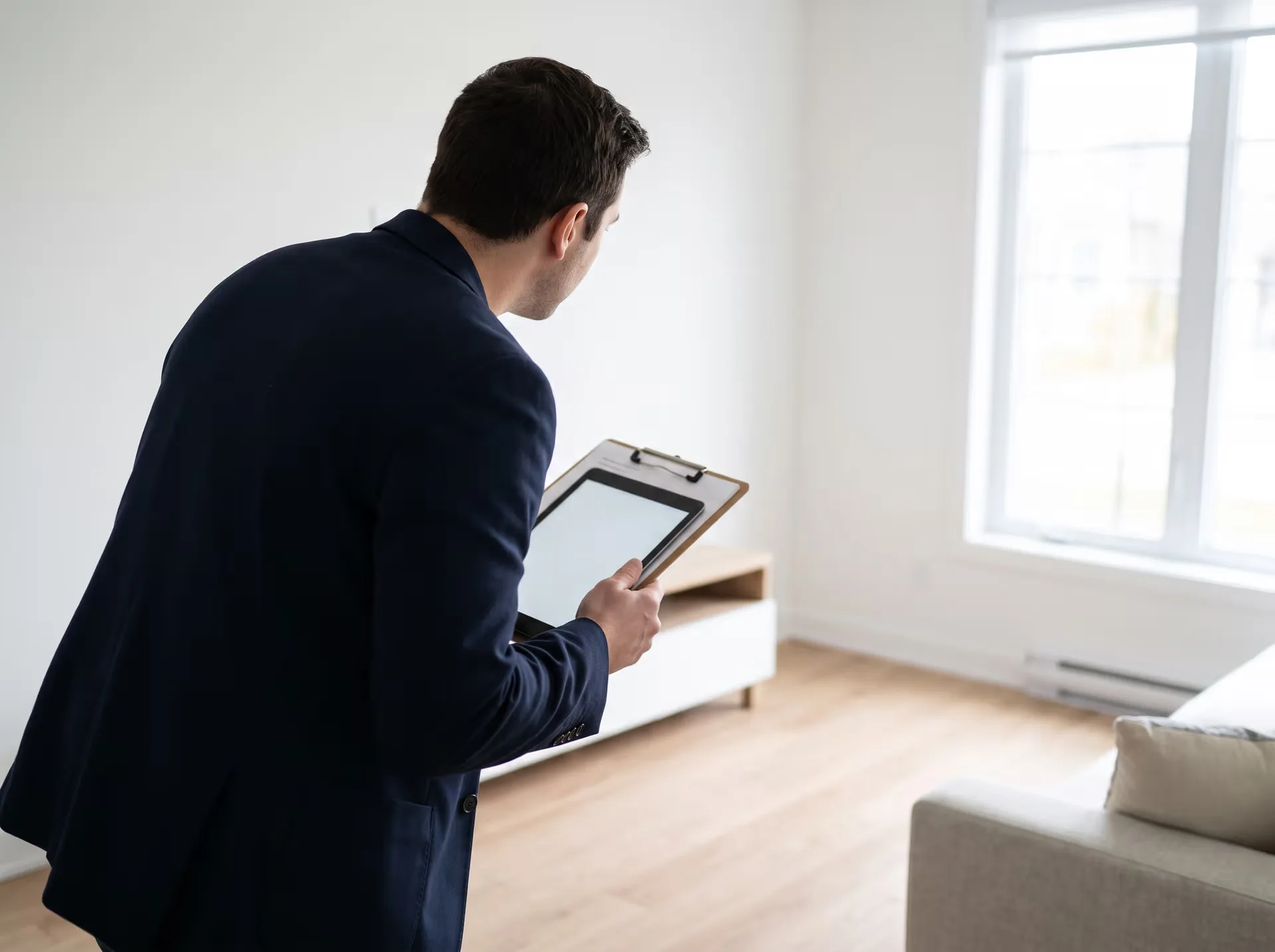 A property inspection being carried out with a clipboard and tablet in a bright interior.
